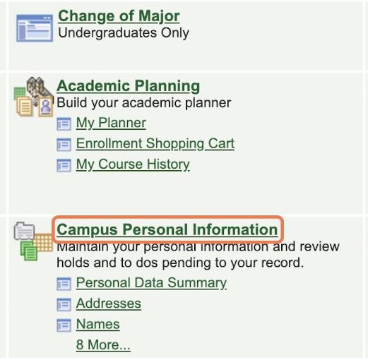 Leonet interface with Campus Personal Information highlighted 