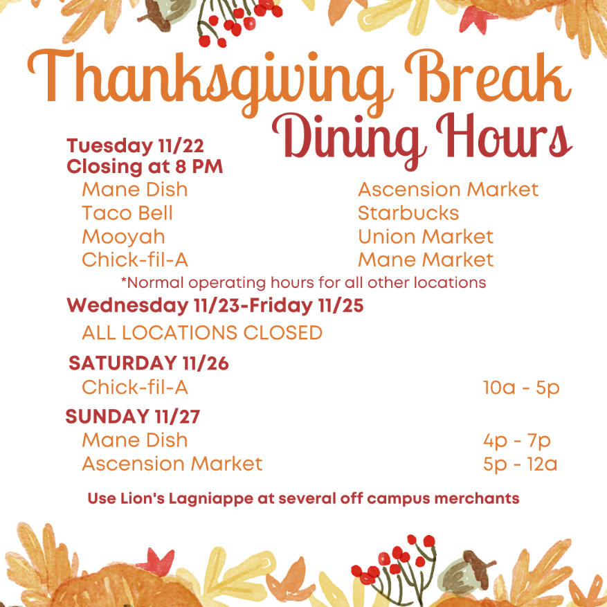 Southeastern Thanksgiving Break Dining hours