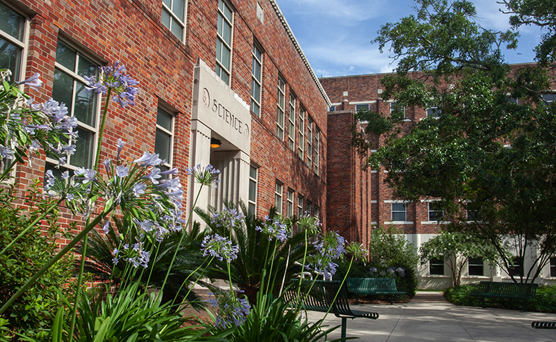 Science Building with Flowers