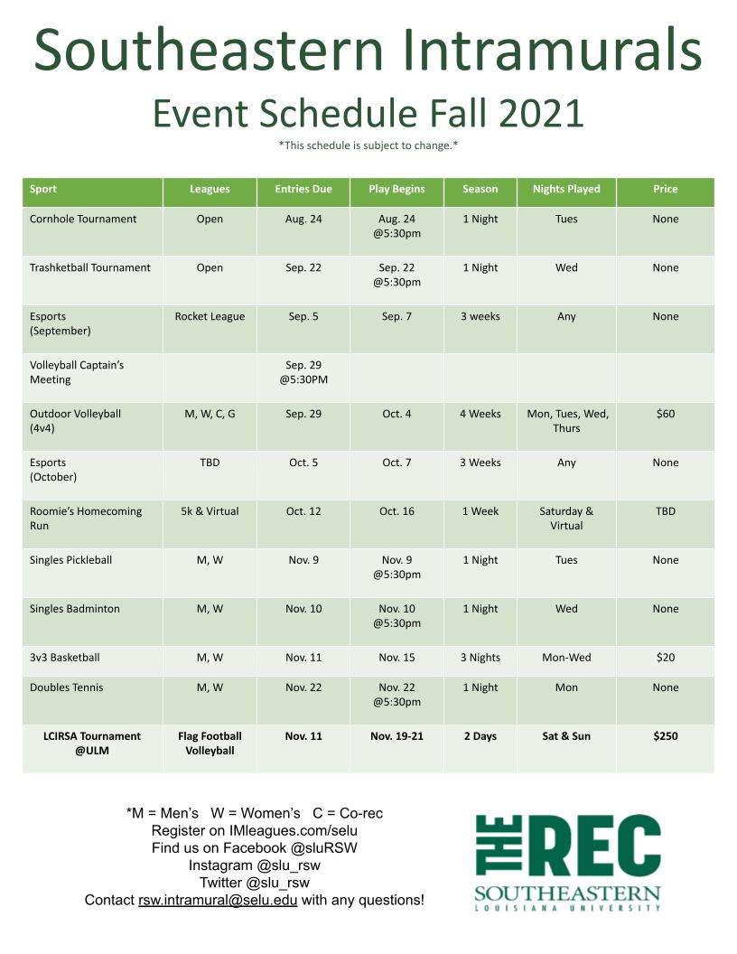 Fall 2021 Intramural Schedule