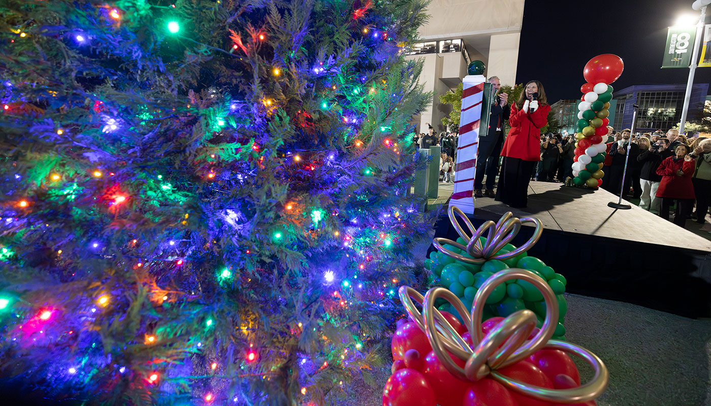 Misty Wainwright turning on the first Christmas Tree at Southeastern.