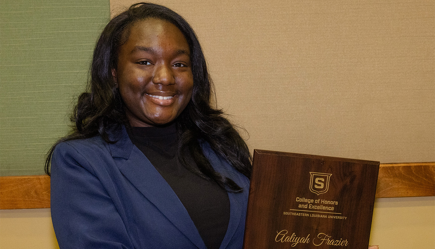Southeastern Louisiana University student Aaliyah Frazier of Baton Rouge was honored recently at the College of Honors and Excellence’s recognition ceremony. Frazier was recognized with the Spirit of Southeastern Award.
