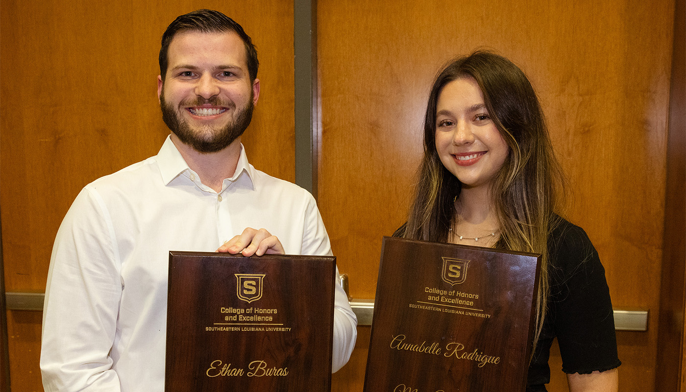 Southeastern Louisiana University students Ethan Buras, left, and Annabelle Rodrigue, both of Ponchatoula, were honored recently at the College of Honors and Excellence’s recognition ceremony. Buras was recognized as a mathematics graduating tutor, and Rodrigue was honored as a biological sciences graduating tutor.