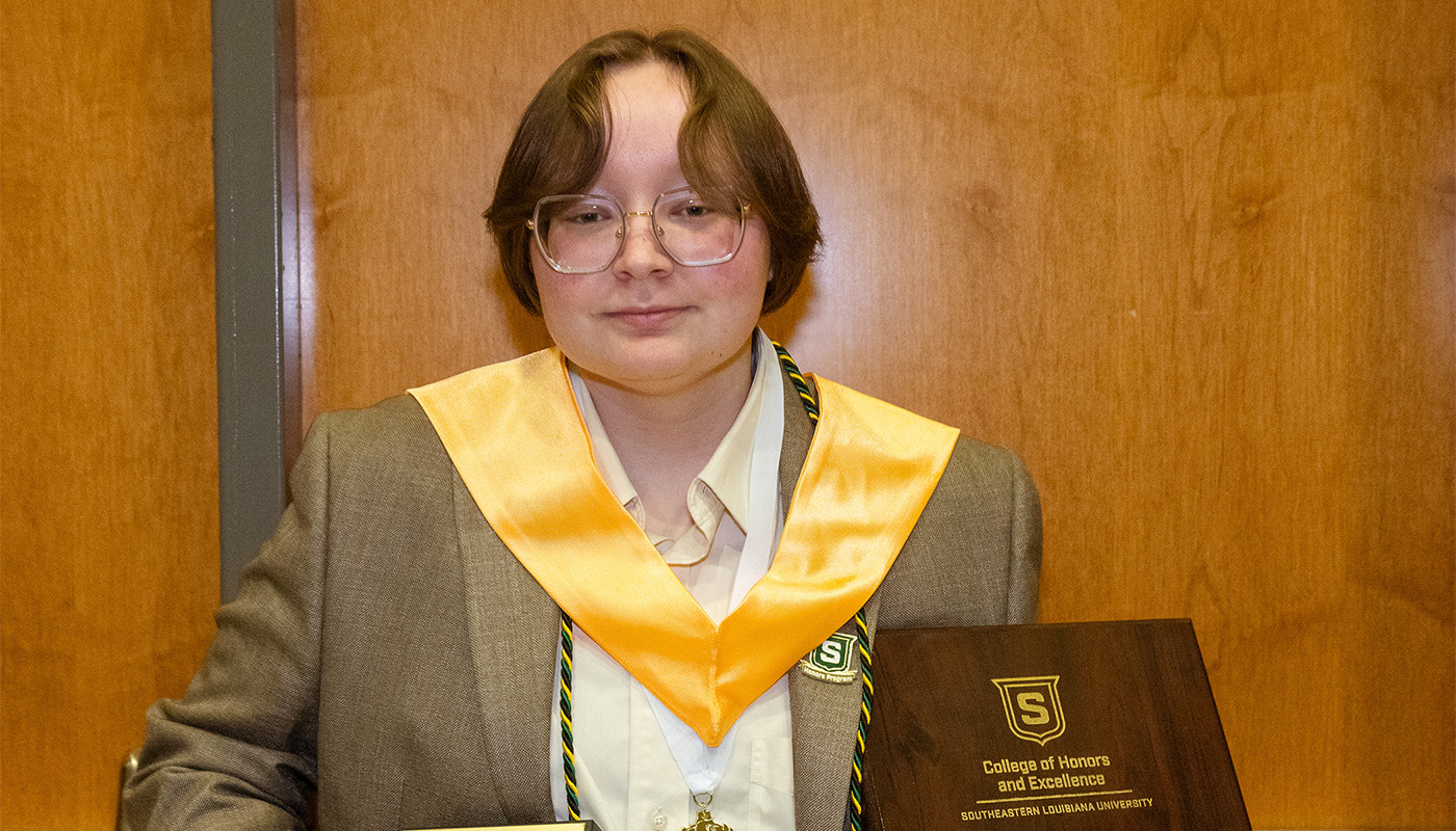 Southeastern Louisiana University student Toby Lirette of Houma was honored recently at the College of Honors and Excellence’s recognition ceremony. Lirette was recognized as a finance graduating tutor, an Honors Diploma recipient and received the Spark of Excellence Award.