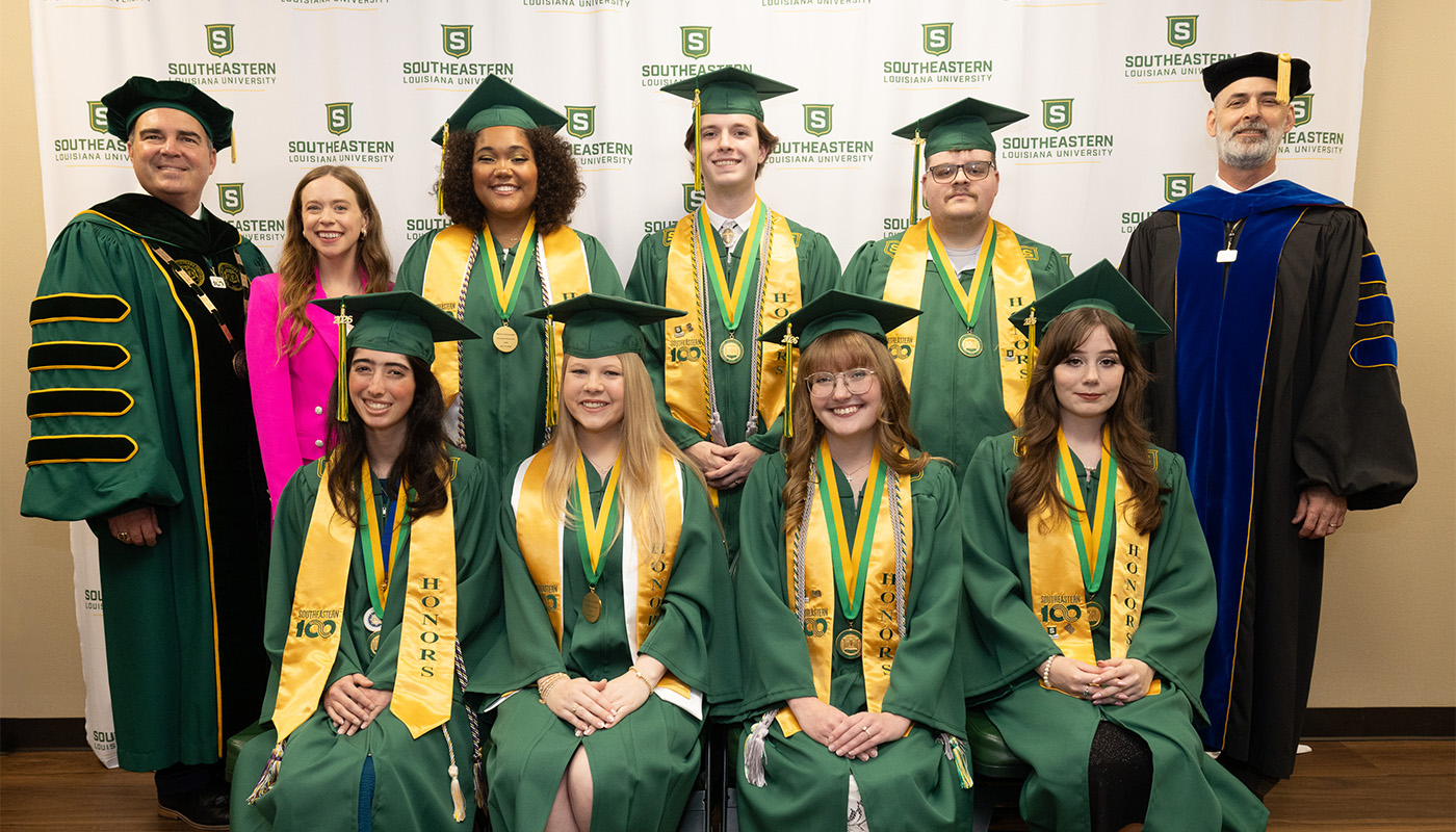 PRESIDENT’S MEDAL WINNERS AFTERNOON CEREMONY, COLLEGE OF EDUCATION – Medal winners included, sitting, from left, Jessica Champagne of Slidell; Michaela Henry of Covington, Layla Meng of Denham Springs; and Averie Bradley of Baton Rouge. Standing, from left, are Southeastern President William S. Wainwright, commencement speaker and astronaut Haley Arceneaux, Briana Gilmore of St. Rose; Collin McClure of Watson, Austin Nelson, of Albany, and Provost and Vice President for Academic Affairs Eric Skipper.