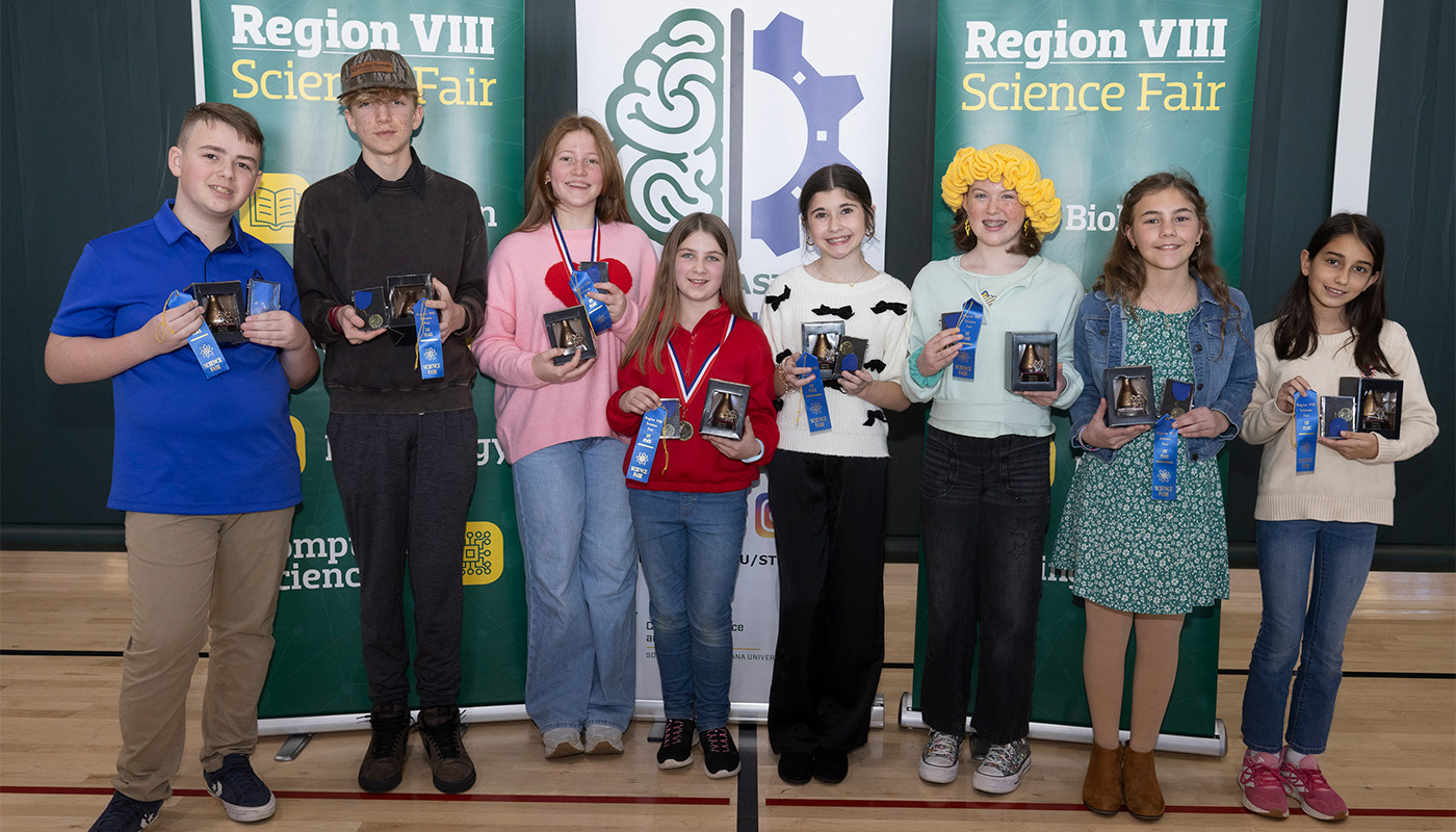 Winners at the 2026 Region 8 Science Fair held at Southeastern Louisiana University Feb. 6 included, from left, Emery Pierce and Koen Kipfinger of Boyet Junior High School; Madeline Ward and Anna Theriot of Theriot Academy; Grace Kemp of Southeastern Laboratory School; Lydia Scruby of Northshore Preparatory Academy; Bernadette (Betty) Biller of Our Lady of Lourdes; and Blake Malkerneker of Northshore Preparatory Academy.