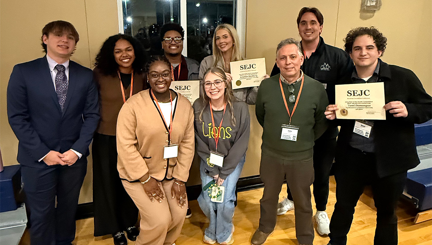 Representatives of Southeastern Louisiana University’s Department of Communications and Media Studies recently returned from the 2026 Southeast Journalism Conference at Georgia Highlands College in Cartersville, Ga., with awards in-hand. Pictured in the front row, from left, are Samantha Sims, Darci Lourigan, John S. Zaffuto, advisor, and Sean Hoffman. Pictured in the back row, from left, are Jules Dormain, Marissa Porter, Kendrick Allen, Emma Loper, and Lucas Hill.