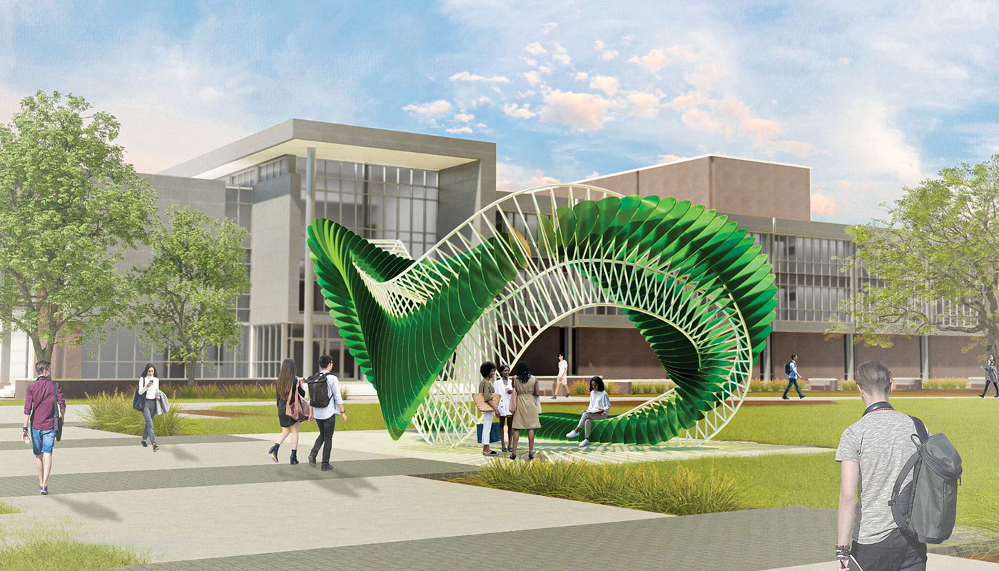 A rendering of the Centennial monument features a wavy design in front of D Vickers Hall