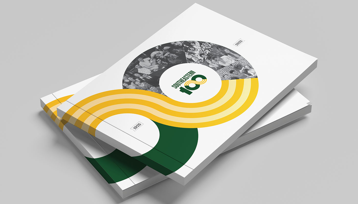 Concept art of the Southeastern 100 history book features the zeros of the Southeastern 100 logo on the cover