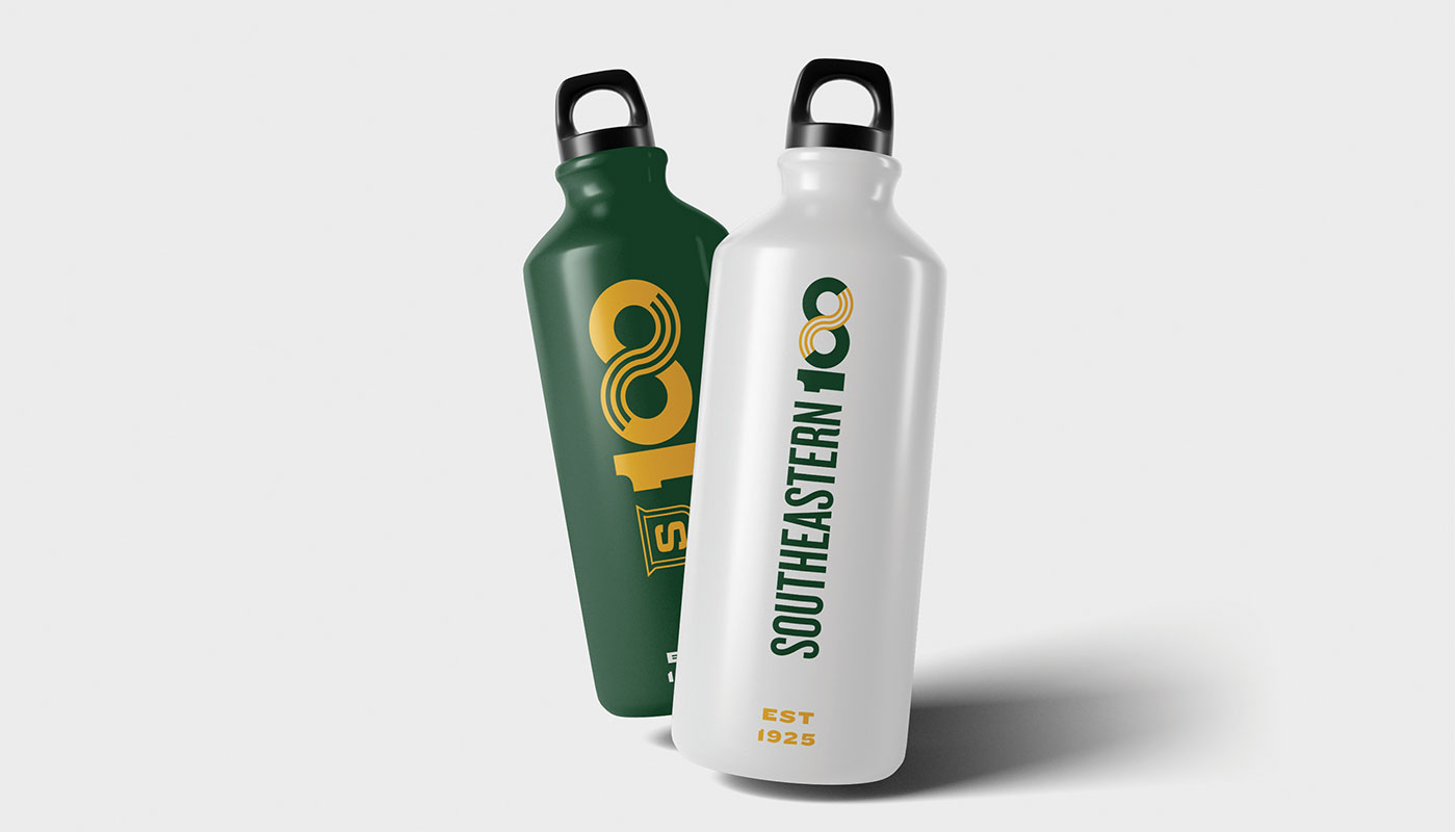 Two resuable water bottles feature the Southeastern 100 logo