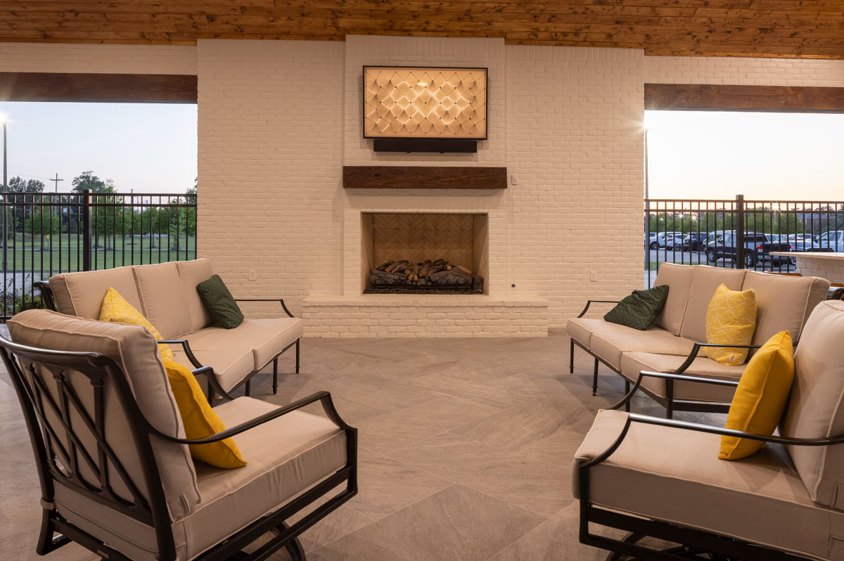 Fireplace on patio for new Alumni Center.