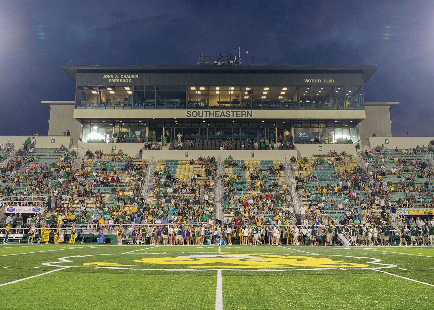 Strawberry Stadiums' press box, with a stadium full of fans below it