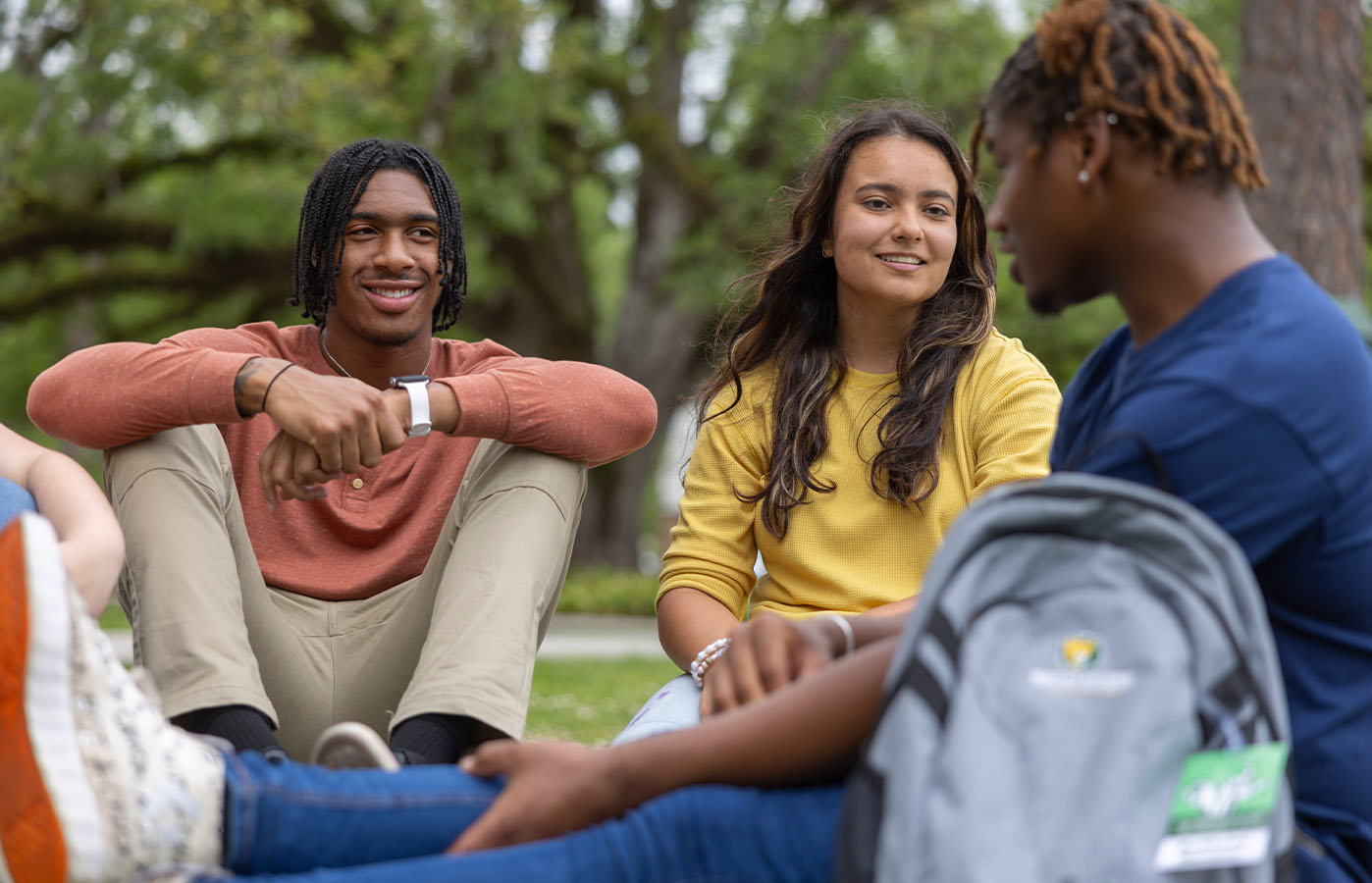 Students talking while sitting on the grass.