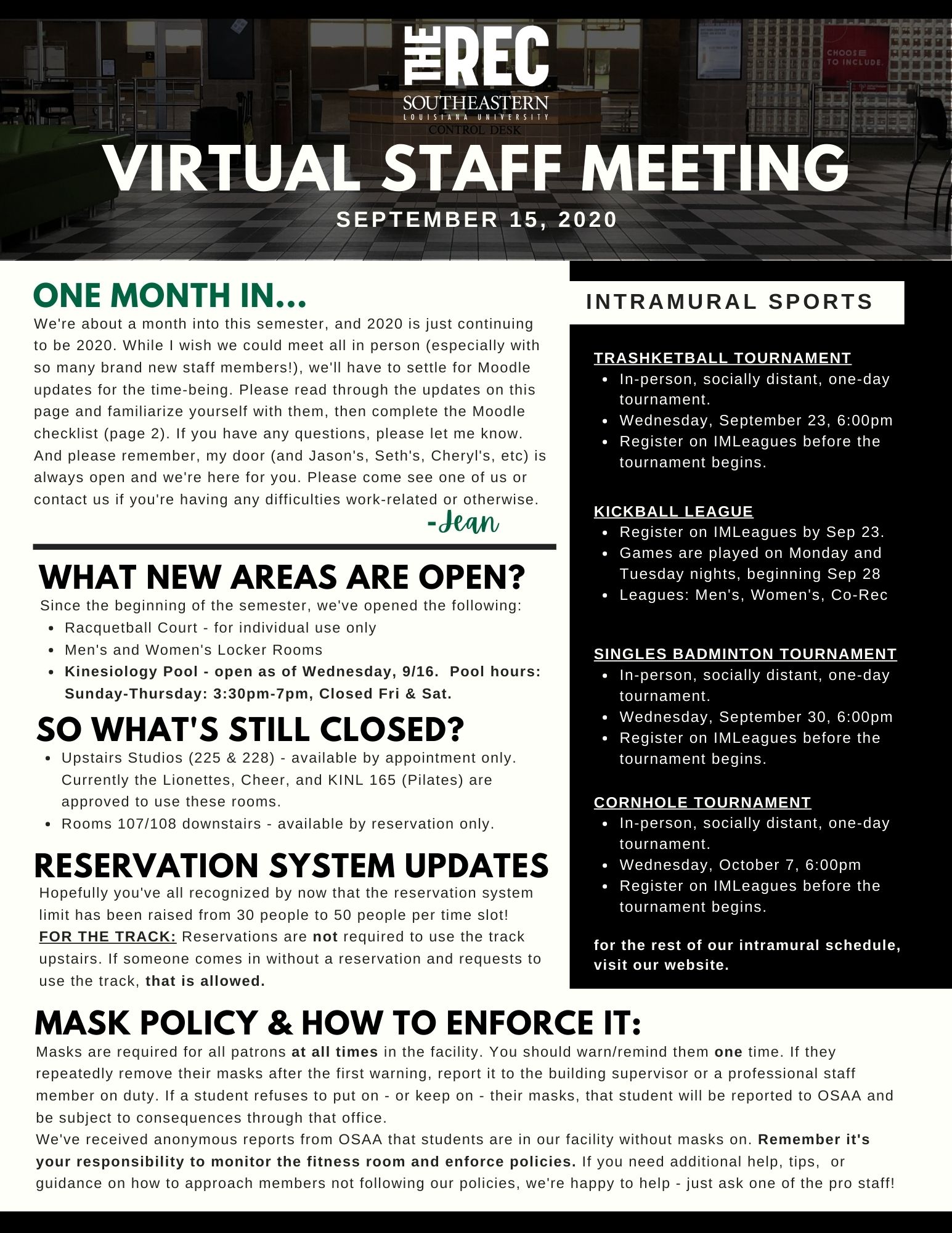 Staff Meeting Updates 9-15-2020
